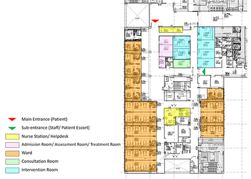 Layout of a reference 31/32-bed in-patient ward module